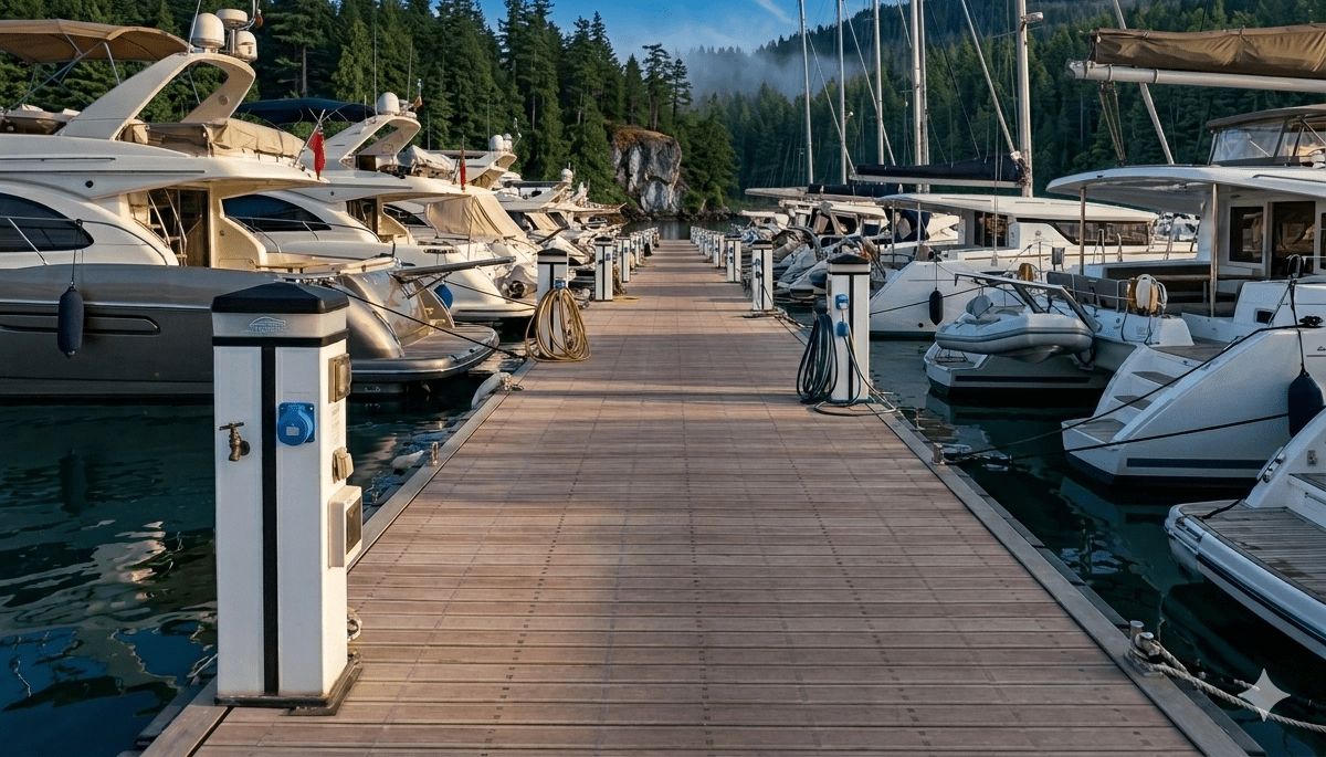 Multiple powerboats moored at a marina dock connected to electrical shore power pedestals