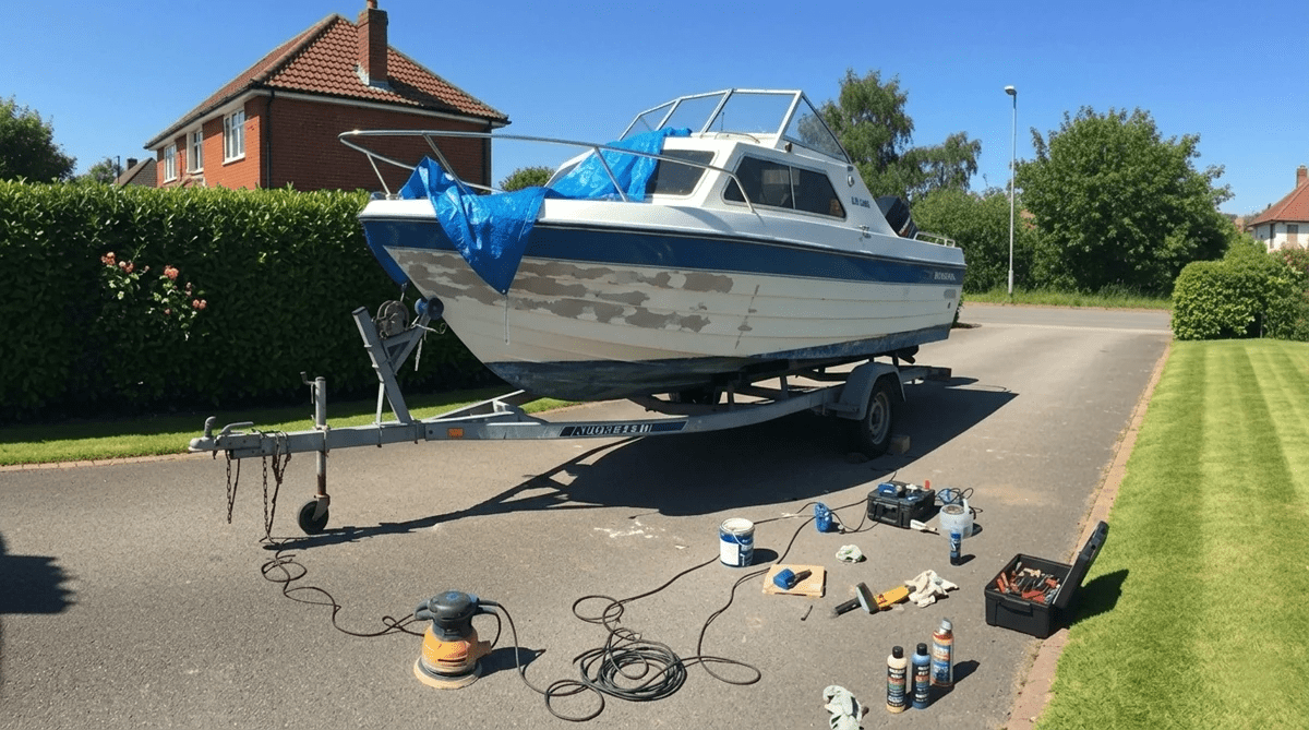 A cruising powerboat in dire need of restoration
