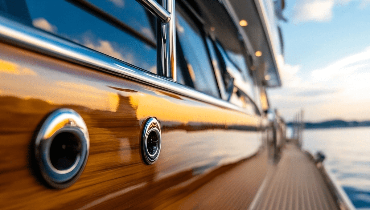A flawlessly applied, high-gloss marine varnish finish on a wooden boat deck, reflecting light like a mirror.