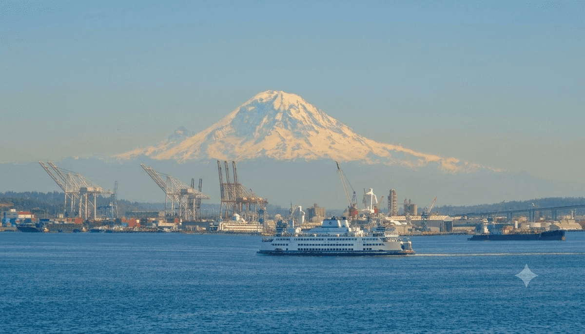 Scenic view of Mount Rainier looking over Elliott Bay in Seattle, Washington
