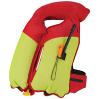 A fully inflated yellow Mustang Survival life jacket showing the oral inflation tube.