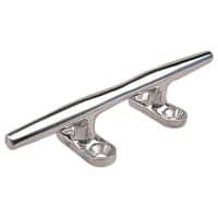 Heavy-duty stainless steel boat cleat mounted on a fiberglass deck for secure dock line attachment.