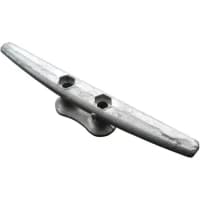 Galvanized metal dock cleat bolted to a wooden marina pier for tying off mooring lines.