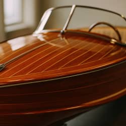 Close-up of a classic wooden boat after brightwork maintenance, showcasing the contrast of rich wood grain.