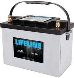 Lifeline 12V Group 27 AGM deep cycle marine battery showing a sealed, maintenance-free design.