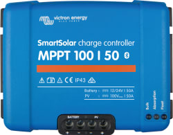 Victron Energy SmartSolar MPPT charge controller for regulating marine battery voltage.