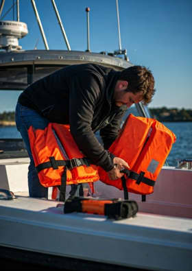 New inflatable life jacket (PFD) being worn, highlighting modern safety equipment upgrades for used boats.