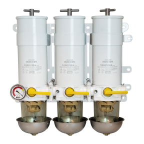 1000VMA Marine Triple Turbine Fuel Filter - Clear Bowls w/ Heat Shields, White Bracket