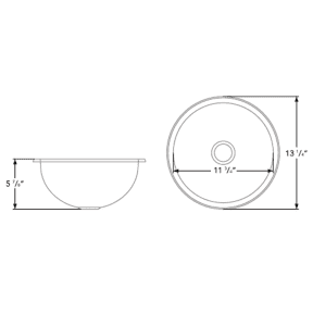 Dimensions of Ambassador Marine Round Sink 13-1/4" Wide - Mirror Stainless Steel Finish, Without Studs