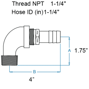 diagram of Groco 1-1/4" NPT 90 Degree Pipe to Hose Fitting