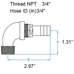 diagram of Groco 3/4" NPT 90 Degree Pipe to Hose Fitting