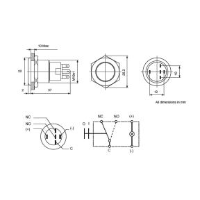 dimensions of Hella Stainless Steel Push-Button Switch - LED Indicator
