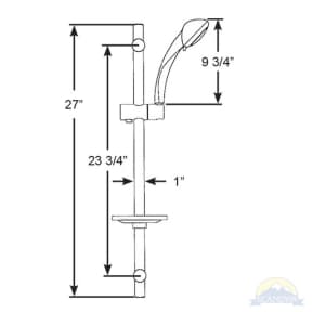 Dimension Diagram of Scandvik Mariner Curved Adjustable Shower Rail Kit with Soap Dish