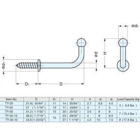 dimensions of Sugatsune Screw In Cup Hook