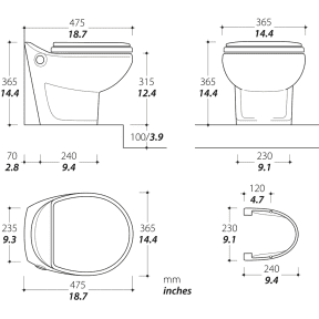 dimensions of Thetford EasyFit Eco Electric Toilet- Short Models