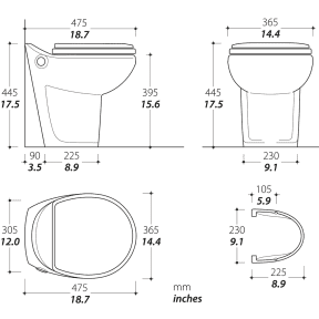 dimensions of Thetford EasyFit Premium Plus Electric Toilet - Tall Models