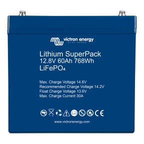 Front View of Victron Energy 12.8V Lithium SuperPack 60 Amp Batteries