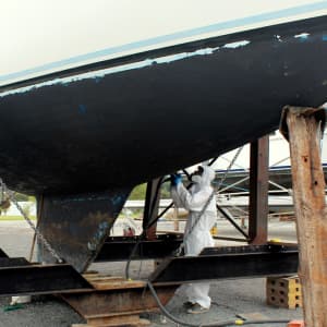 Prepping the boat for bottom painting