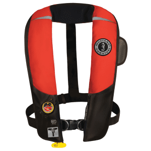 Front view of a Mustang Survival HIT automatic inflatable PFD with integrated sailing harness in red.