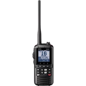 A Standard Horizon HX891 floating 6-watt handheld VHF marine radio with built-in GPS and Bluetooth functionality.