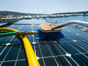 A boat owner cleaning salt residue and dirt off a marine solar panel during routine maintenance.