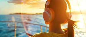 A boater relaxing and listening to music onboard, enjoying quiet 12V house battery power without running an engine generator