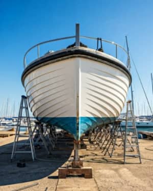 Modern used powerboat on the hard, illustrating a completed marine refit project.