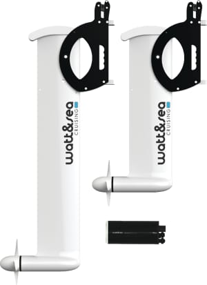 A Watt & Sea hydrogenerator is deployed on the transom of a boat to generate electricity from water flow while sailing.