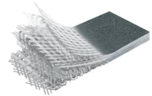 Close-up cross-section of Coosa board showing the reinforced closed-cell high-density polyurethane foam and woven roving layers