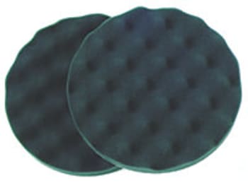 Black foam finishing pad used for spot defect removal and applying fine marine polishes.