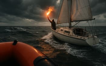 Sailboat crew using a visual distress signal to alert the U.S. Coast Guard of an emergency.