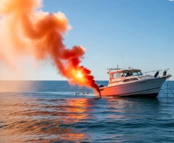 Daytime view of a boat in distress activating orange smoke to signal for rescue.