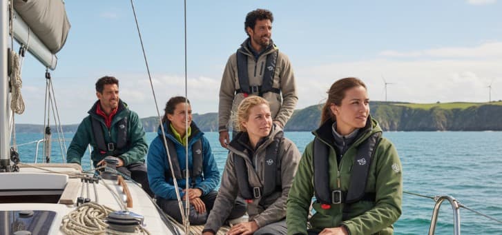 Sailors in eco-friendly gear on boat