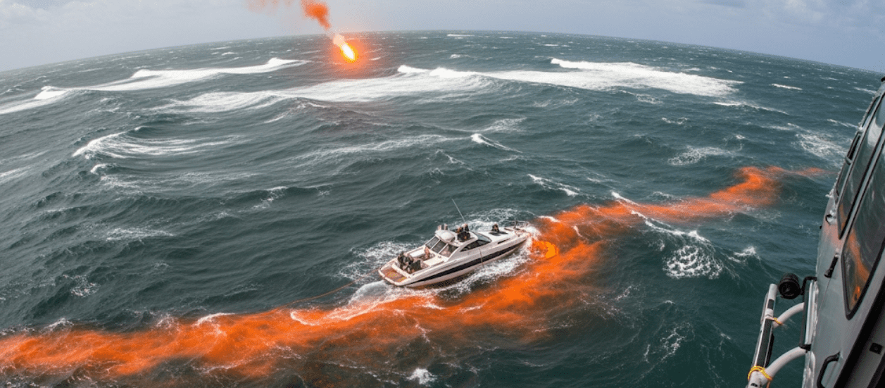 Fluorescent orange sea marker dye spreading in the water to create a high-visibility slick for aerial rescue teams.