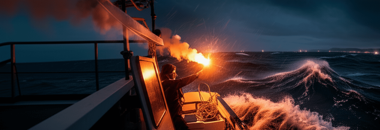 A high-visibility red handheld flare burning at night during a simulated marine emergency in stormy weather