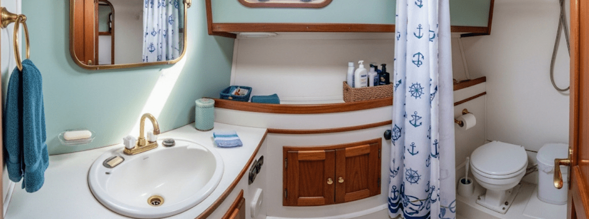 A clean and well-maintained sailboat head showing a toilet bowl and shower