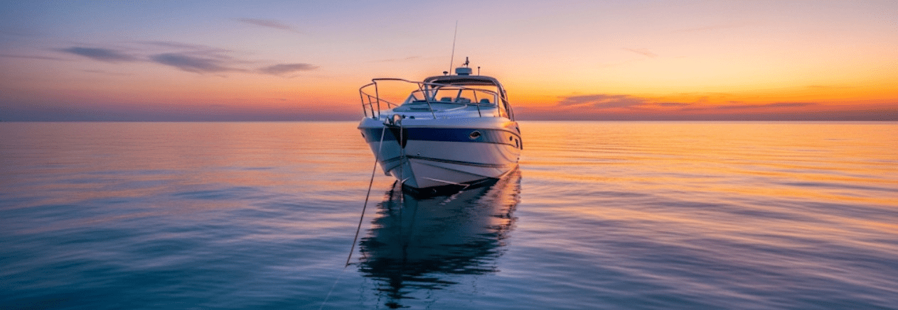 A cruising powerboat safely at anchor in calm water during sunset, demonstrating proper anchor set and scope