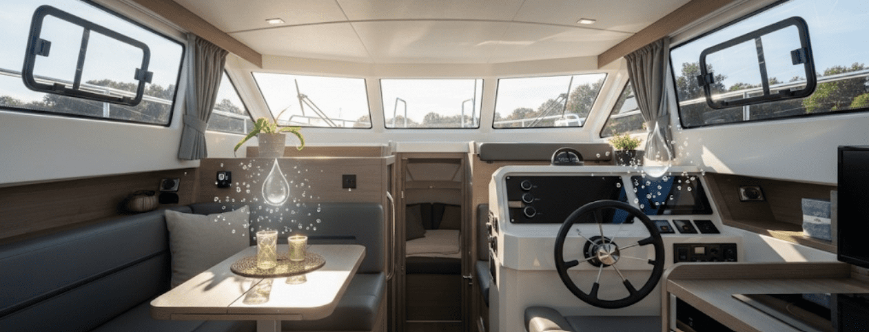 Promotional banner for Kanberra Gel showing a fresh and clean boat cabin interior.