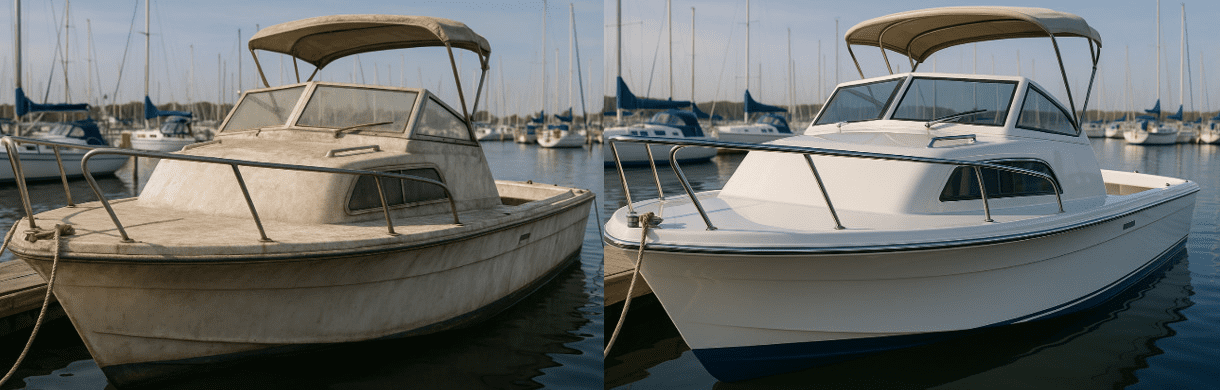 Side-by-side comparison of a boat hull showing the transformation from chalky, oxidized gelcoat to a restored glossy finish