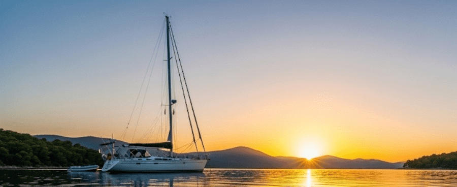 Sailboat safely anchored with reliable rope-to-chain splice.