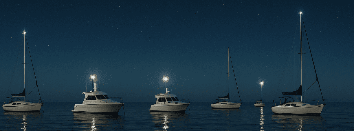 Fleet of recreational boats at anchor at night displaying all-round white anchor lights for safety